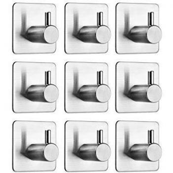 Auxmir 9 Piezas Ganchos Adhesivos, Soporte de Pared para Toallas de Baño, Cocina y Baño, Acero Inoxidable 304, Adhesivo 3M, Plata