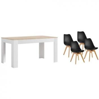 Pack Mesa Extensible de Comedor o Cocina Blanco y Cambria + 4 Sillas Nórdicas Negras
