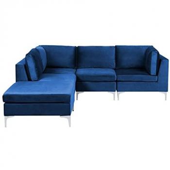 Sofá Esquinero Modular Derecho de Terciopelo Azul Marino con Otomana, 4 Plazas y Patas de Metal Plateado