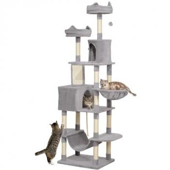 Pawhut Árbol Rascador para Gatos Grande Altura 206 cm con Plataformas, Cuevas, Bolas Colgantes y Hamacas en Gris Claro