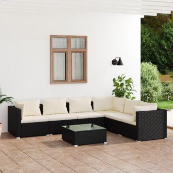 7-Piece Black Poly Rattan Garden Lounge Set with Cushions