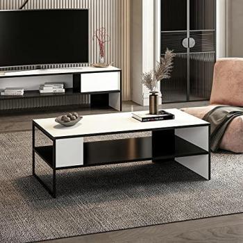 Mesa de Centro Ejby Aglomerado Rectangular 42 x 120 x 60 cm Negro/Blanco con Estante y Diseño Atemporal