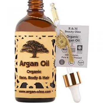 R&M Beauty-Oleo - Aceite de Argán orgánico prensado en frío. Aceite marroquí de comercio justo para masajes, cabello, cara, uñas, labios, cicatrices y espinillas. Botella con cuentagotas