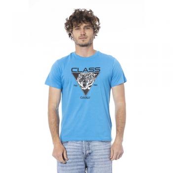 Cavalli Class Logo Print Crew Neck T-Shirt - Light Blue Cotton - Male - Size L