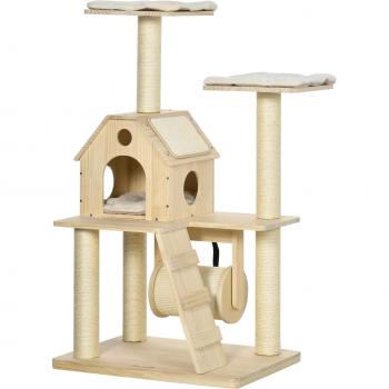 Árbol Rascador para Gatos PawHut con Camas Cueva Rodillo Postes de Sisal y Rampa 70x50x125 cm Natural