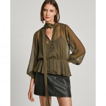 Pepe Jeans Women's Semi-Transparent Radiant Blouse with Neck Tie in Leaf Green, Size S
