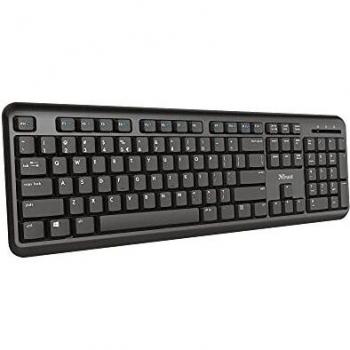Trust Ymo Teclado Inalámbrico - Disposición QWERTY Español, Botones Silenciosos, 13 Teclas de Office y Multimedia, Receptor USB, Windows, Mac, PC, Ordenador Portátil - Negro