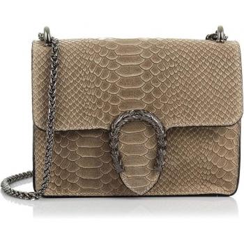Bolso de mano Lorenza Firenze Artegiani en auténtica piel de gamuza grabada con diseño de serpiente, fabricado en Italia.