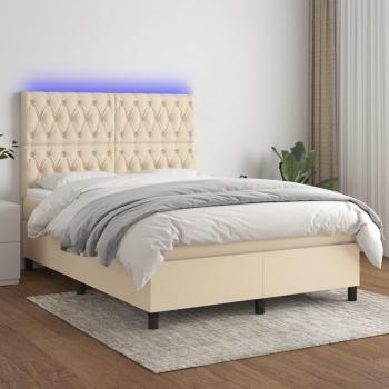 Cama box spring con colchón y luces LED en tela crema 140x200 cm