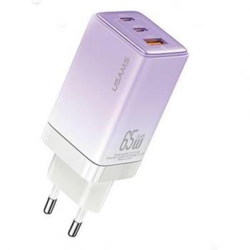 Cargador Usams 65W GaN PD3.0 + QC3.0 con 2xUSB-C y 1xUSB, color púrpura/gradiente