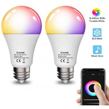 Bombillas Inteligentes E27 - iLintek Bluetooth A60 9W Coloreado Bombilla de Luz Inteligente Bombilla Regulable Control Remoto Compatible Alexa y Google Home
