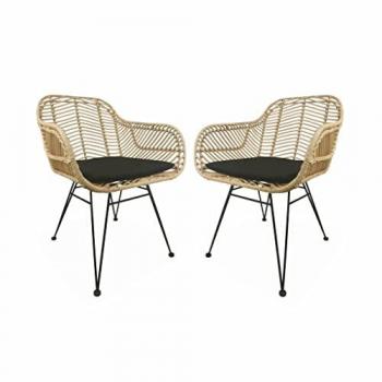 Set de 2 sillones de ratán natural y metal con cojines negros - Cahya