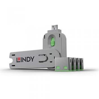 LINDY 40451 - Kit Bloqueador de puertos USB - Llave y 4 bloqueadores - Color verde