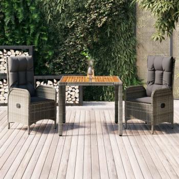 3-Piece Grey Poly Rattan Garden Dining Set with Cushions