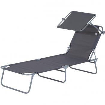 Outsunny Tumbona de jardín Plegable con Toldo y Respaldo Reclinable para Jardín Terraza Acampada 187x58x36cm Gris