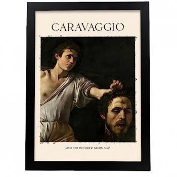 Lámina Decorativa A3 de David con la Cabeza de Goliat - Estampado Inspirado en Caravaggio con Marco Negro para Salón y Hogar