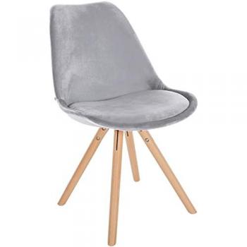 Silla de salón Sofia tapizada en terciopelo gris claro con base de madera y diseño redondo