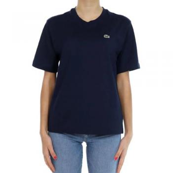 Camiseta Lacoste Relaxed Fit Logo manga corta azul marino mujer - 38, tejido ligero de punto de algodón pima