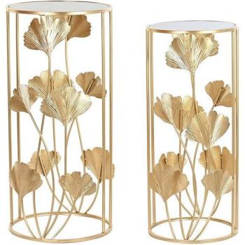 Juego de 2 Mesitas DKD Home Decor Cristal Dorado Metal Tropical Hoja de planta (35 x 35 x 75 cm)