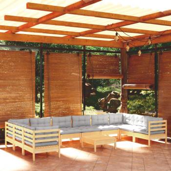 11 Piece Pinewood Garden Lounge Set with Gray Cushions