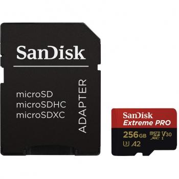 SanDisk Extreme Pro 256 GB microSDXC Memory Card + SD Adapter with A2 App Performance + Rescue Pro Deluxe 170 MB/s Class 10, UHS-I, U3, V30, Red/Gold SDSQXCZ-256G-GN6MA