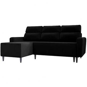 Sofá rinconero Stamford 102, negro, con función de descanso y caja de ropa de cama, dimensiones 236x148x99cm