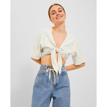 Top cropped de lino con nudo delantero para mujer