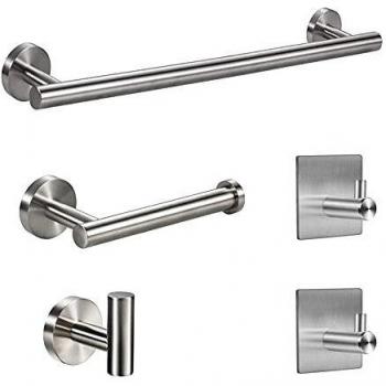 Biziein Juego de Accesorios de Baño de Acero Inoxidable 5 Piezas , Soporte de Toalla de baño montado en la Pared, 1 Barra de Toalla, 1 toallero de Papel, 3 Ganchos para Albornoz