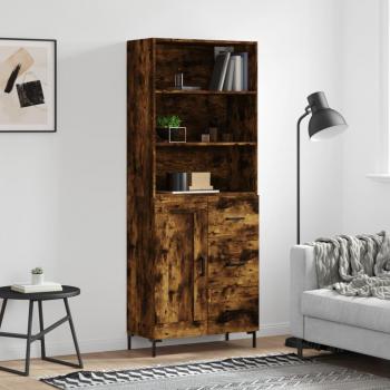 Aparador alto de madera contrachapada en roble ahumado 69,5x34x180 cm con 1 puerta de madera y 3 cajones, mueble de almacenaje para salón, buffet y armario auxiliar