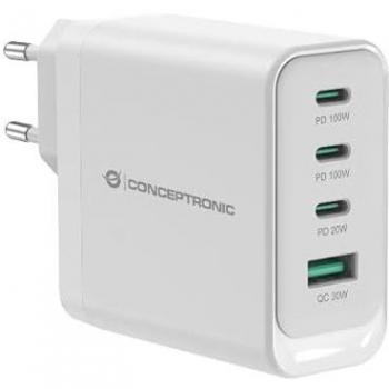 Cargador USB PD GAN 100W 4 Puertos (3 USB-C, 1 USB-A) con QC 3.0 y PPS - Conceptronic Althea22W100