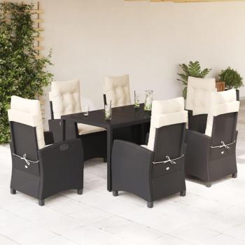 Set de comedor de jardín 7 piezas con almohadas de Polyrattan negro
