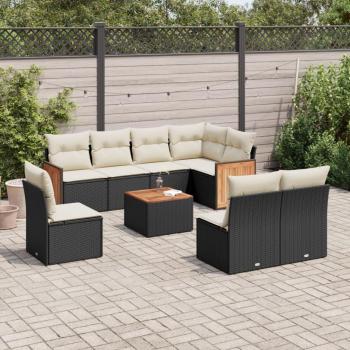 9-Piece Black Poly Rattan Garden Sofa Set with Cushions
