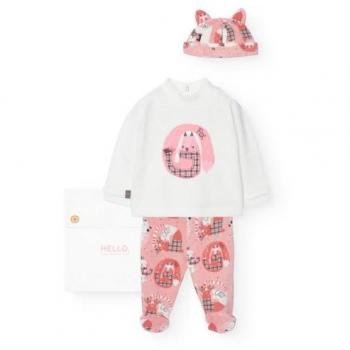 Conjunto de bebé niña 3 piezas en blanco y rosa con estampado Boboli