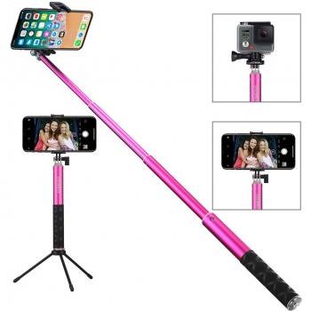 Foneso Selfie Stick Monopod con control remoto Autorretrato Con Tripié Bluetooth para Smartphones y GoPro Rosa