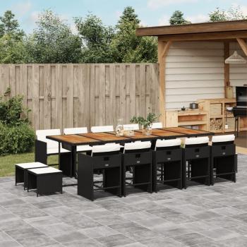 Set de comedor de jardín 15 piezas con almohadas negras en Polyrattan