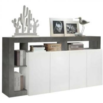 Aparador SEFRO - 4 puertas y 4 estantes - Blanco lacado y cemento - 184 cm