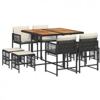Set de Comedor de Jardín 9 Pzas con Cojines, Mesa y Sillas de Cena, Conjunto de Muebles para Patio Terraza, Ratán Sintético Negro