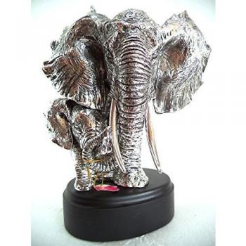 LBA Cabeza de Elefante y su cría. Escultura Fabricada en Resina Plateada, con peana de Madera. Medidas: 30x22x20 cms. Peso:1,589Kg.