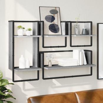 Estantes de pared con barras 4 piezas de madera ingeniería en color negro, roble sonoma y gris sonoma, mueble de almacenaje estantería para oficina, estudio y dormitorio