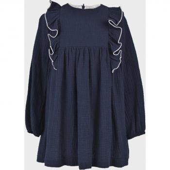 Vestido de niña azul marino de algodón, manga larga y cuello redondo