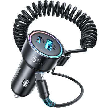 Joyroom Car Charger 3-in-1 con cable tipo C de 1,5m, 55W, negro (JR-CL07)