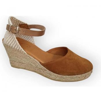 Sandalias de Mujer Alpargata de Cuero con Cuña Cómoda y Hebilla en el Tobillo, color Marrón