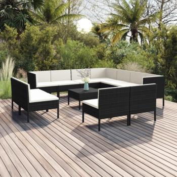12-Piece Black Poly Rattan Garden Lounge Set with Cushions