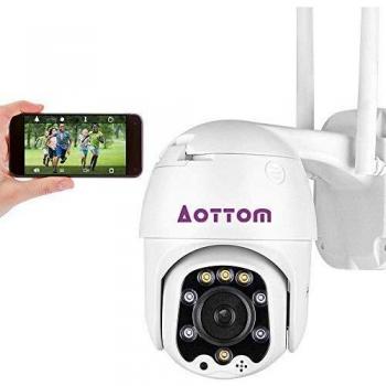 Aottom Camara PTZ Exterior WiFi, Cámara IP Exterior Cámara de Vigilancia, IP66 Impermeable Seguridad Inalámbrica Cámara HD 1080P, IR Vision Nocturna 40M, Audio Bidireccional, Detección de Movimiento
