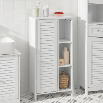 Armario para baño con pie MDF blanco, 1 puerta, 3 estantes, dimensiones 48x24x96 cm
