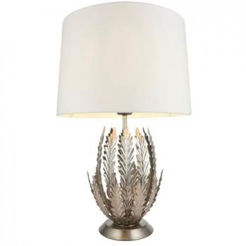 Lámpara de mesa decorativa Delphine de acero con tejido de algodón y pan de plata, color marfil, 1 bombilla, altura 55cm