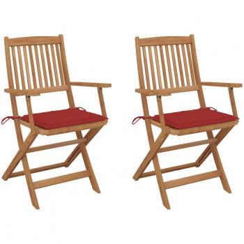 Sillas de jardín plegables de 2 piezas con cojines de madera maciza acacia Massy, color rojo