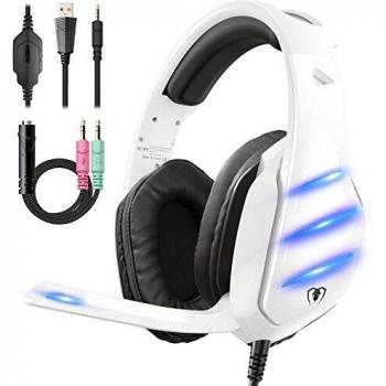 Cascos Gaming con Orejeras Grandes, Efectos de Sonido 3D, Micrófono de Educción Ruido LED, Auricular Gaming Compatible con PS4, PS5, Xbox, PC, Switch