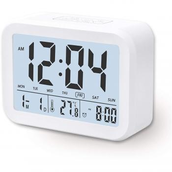 Arespark Despertador Digital Electrónico, Reloj Despertador con Alarma Luz de Noche, Pantalla LCD con Fecha Temperatura, Sensor de Luz, Función Snooze. Blanco