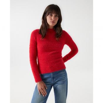 Jersey Salsa de punto efecto pelo rojo cuello redondo mujer